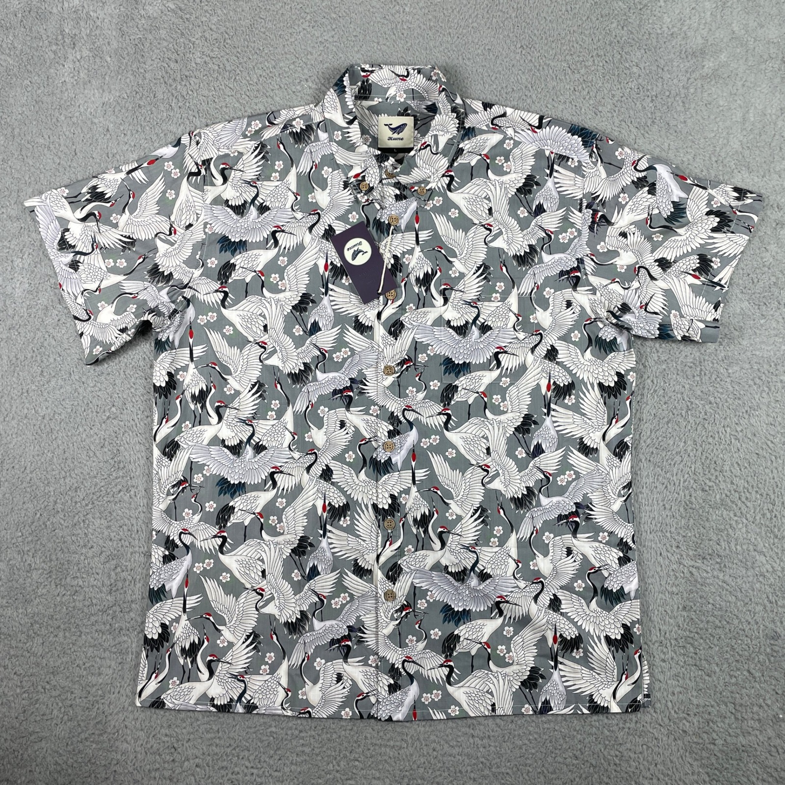 Yiume Hawaiian Crane Shirt Mens Large Grey Japanese Floral Button Downnew